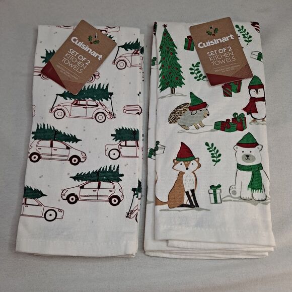 Cuisinart Kitchen Towels 16"x26" Lot Of 2  2-Packs Christmas Wildlife Tree Car - Picture 1 of 6
